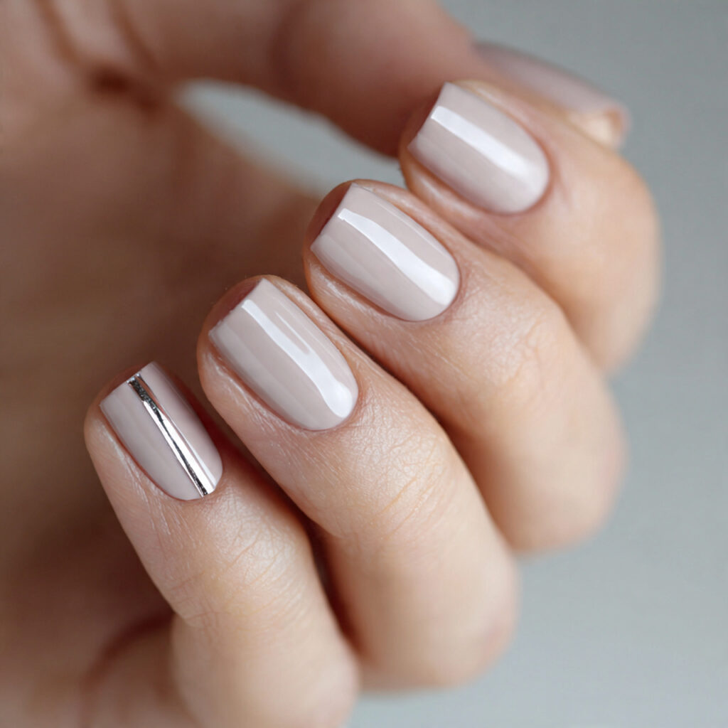 soft neutral nails with one ultra thin silver stri