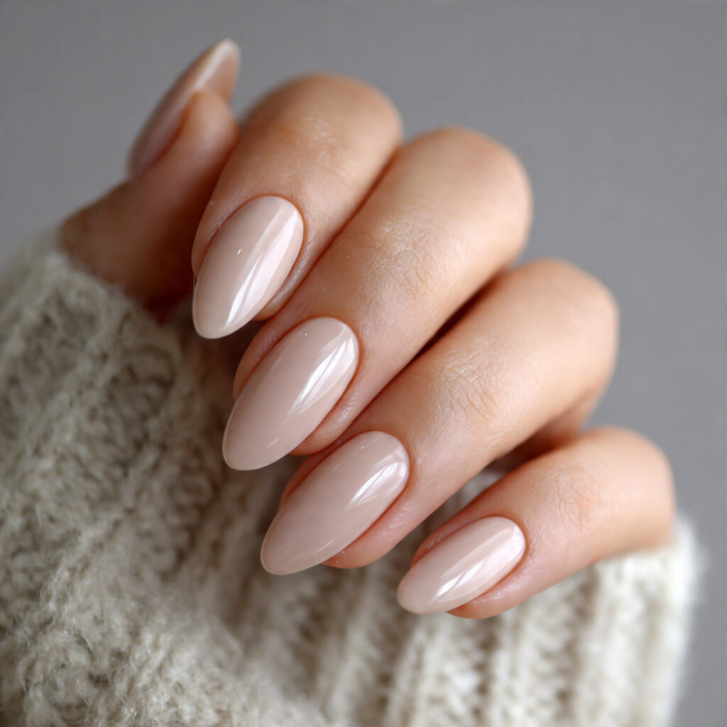 soft beige cream nails medium length almond nails glossy