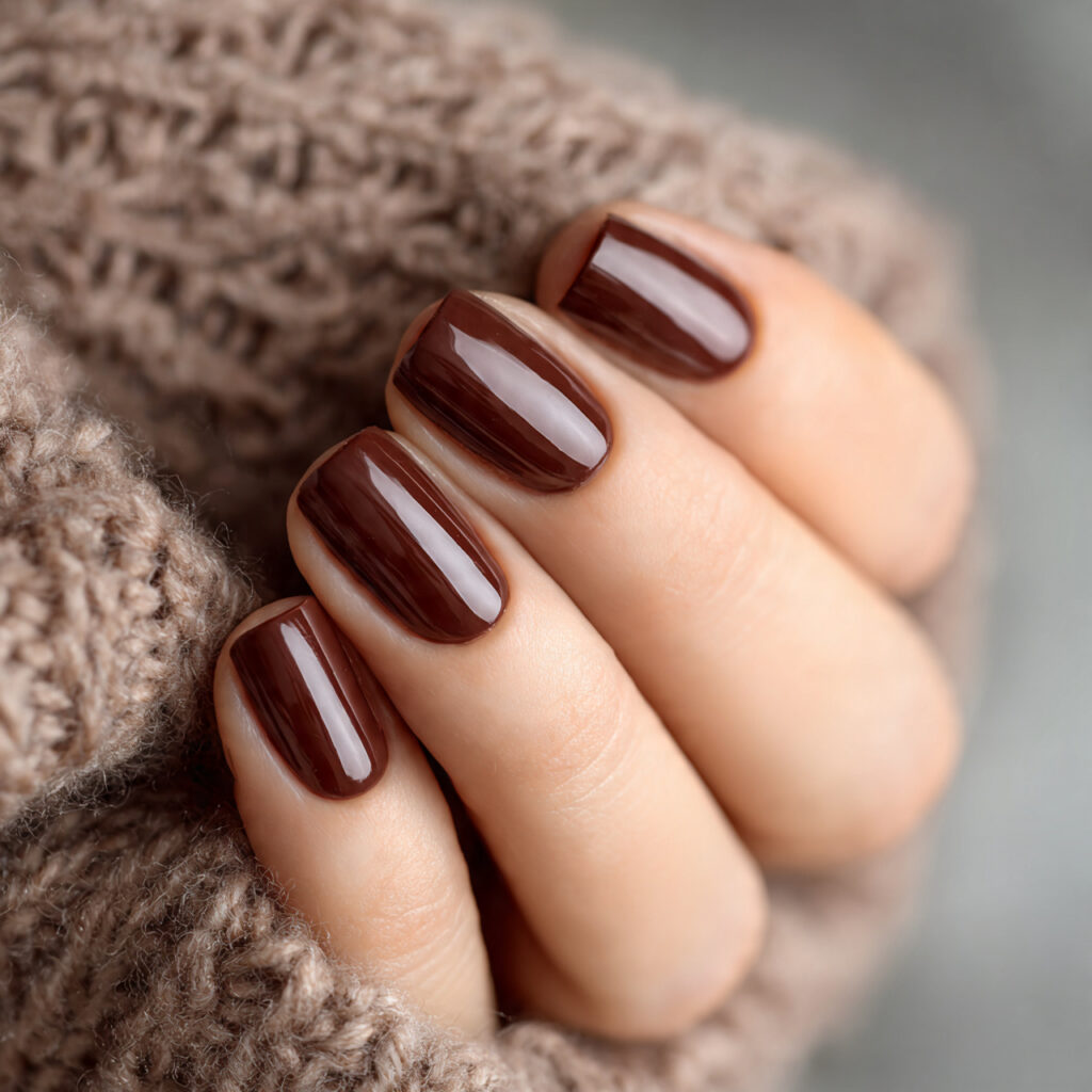 soft chocolate brown short nails glossy finish