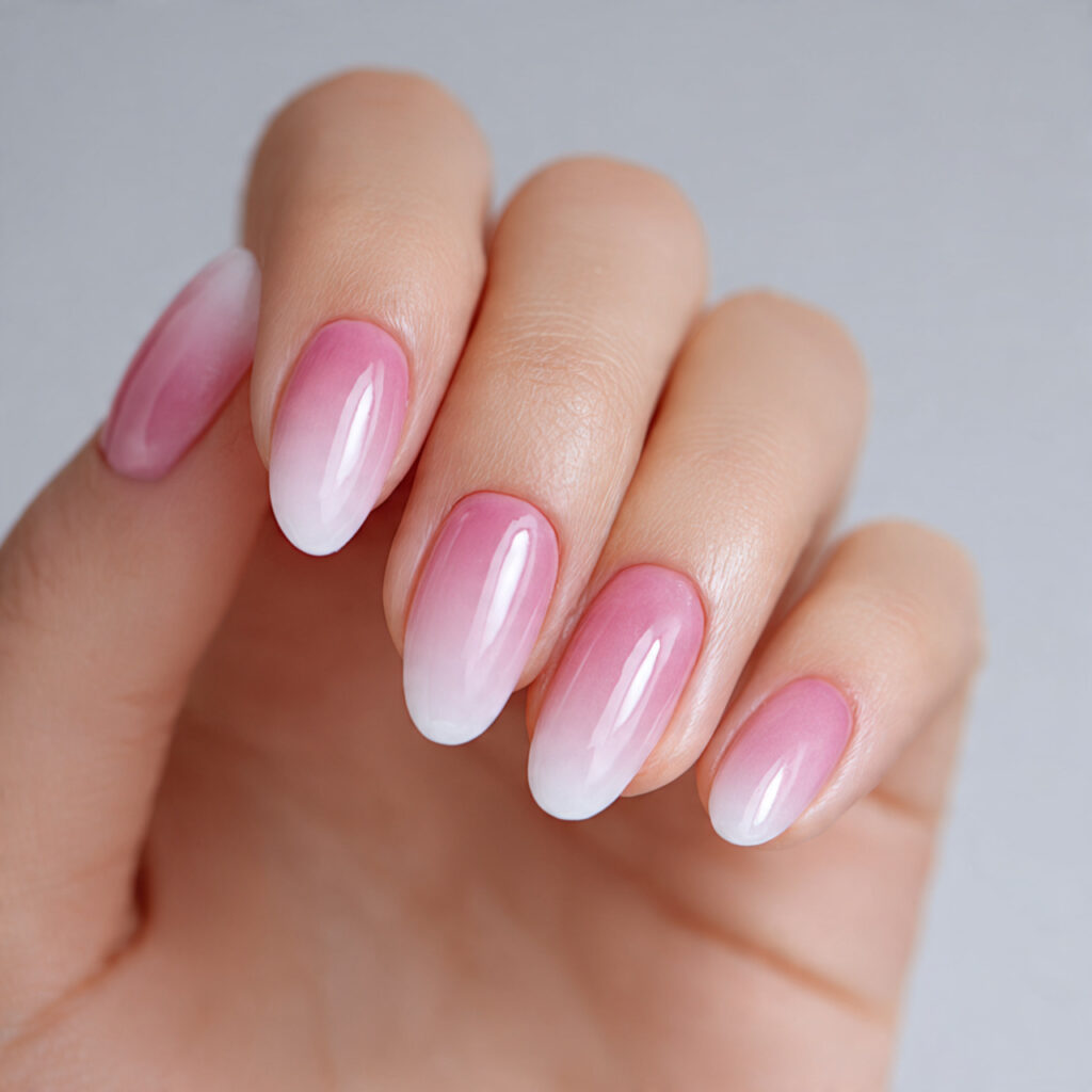 soft feminine nail image explaining pink to white ombr