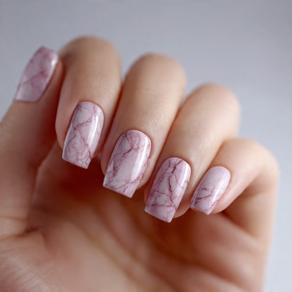 soft mauve nails featuring delicate white marble