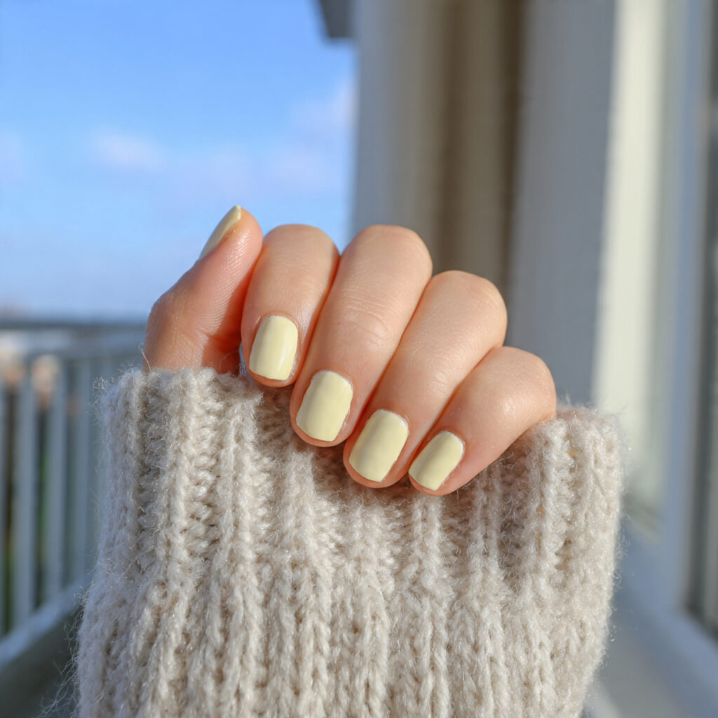 soft pale yellow short nails subtle pastel