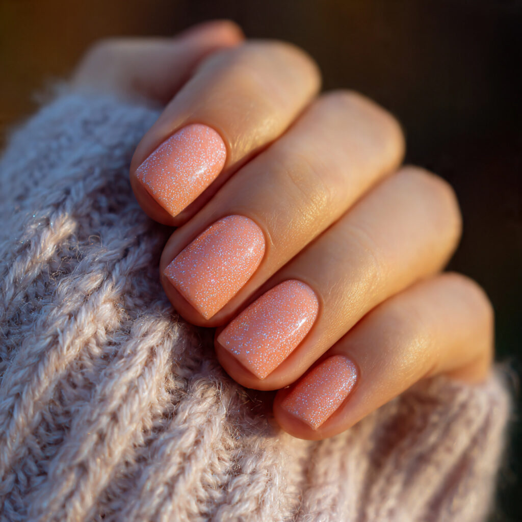 soft peach nails with subtle shimmer particles