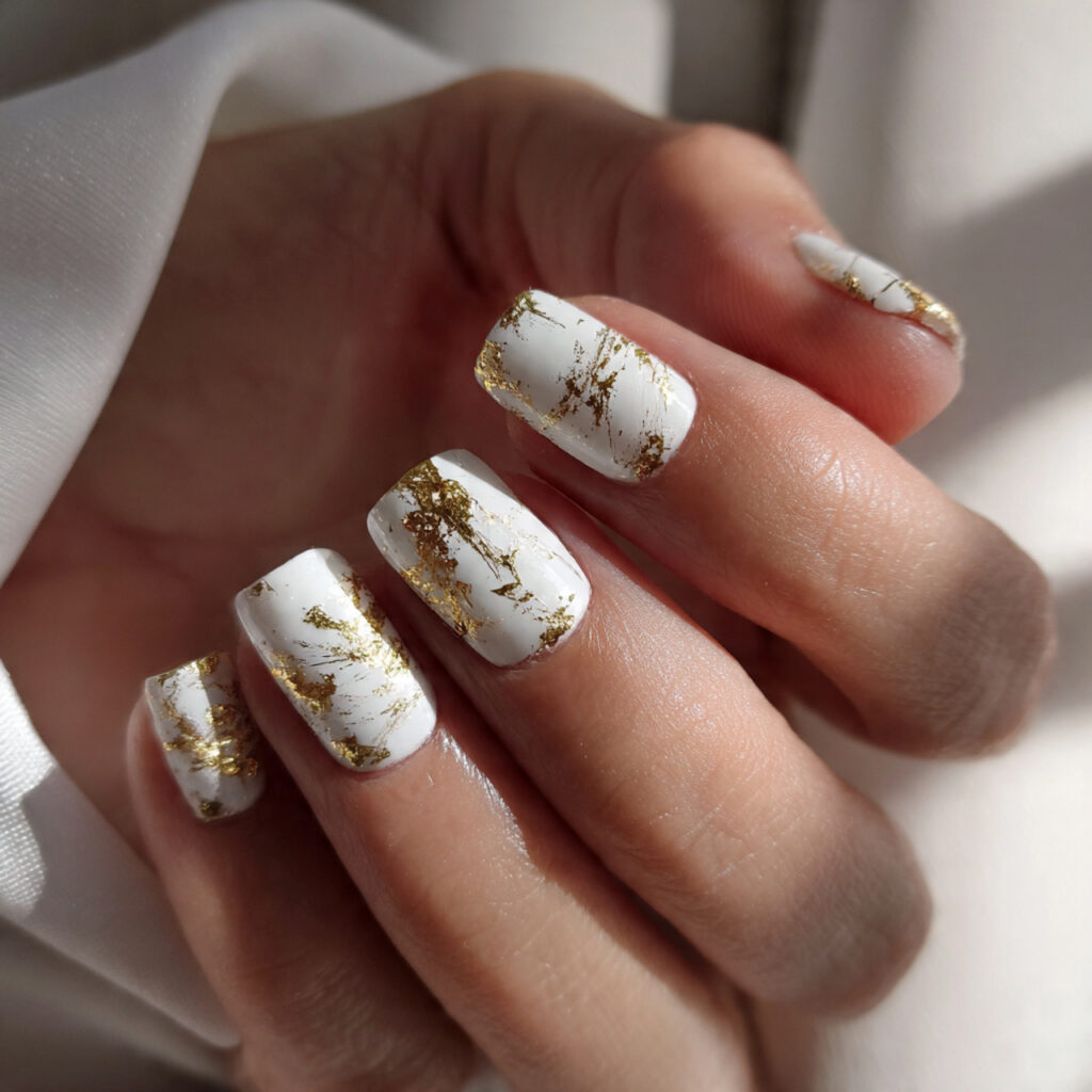 soft white nails accented with irregular gold