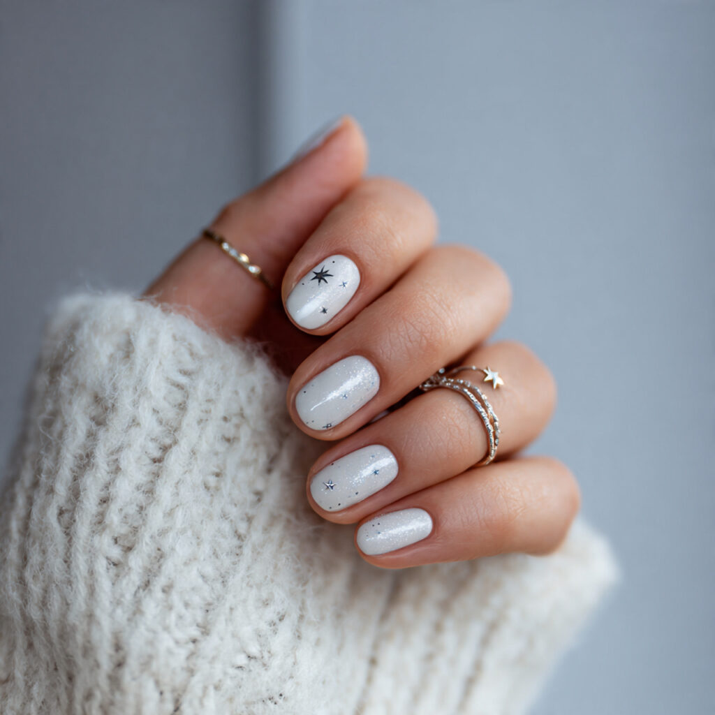 soft white nails with minimal silver accents