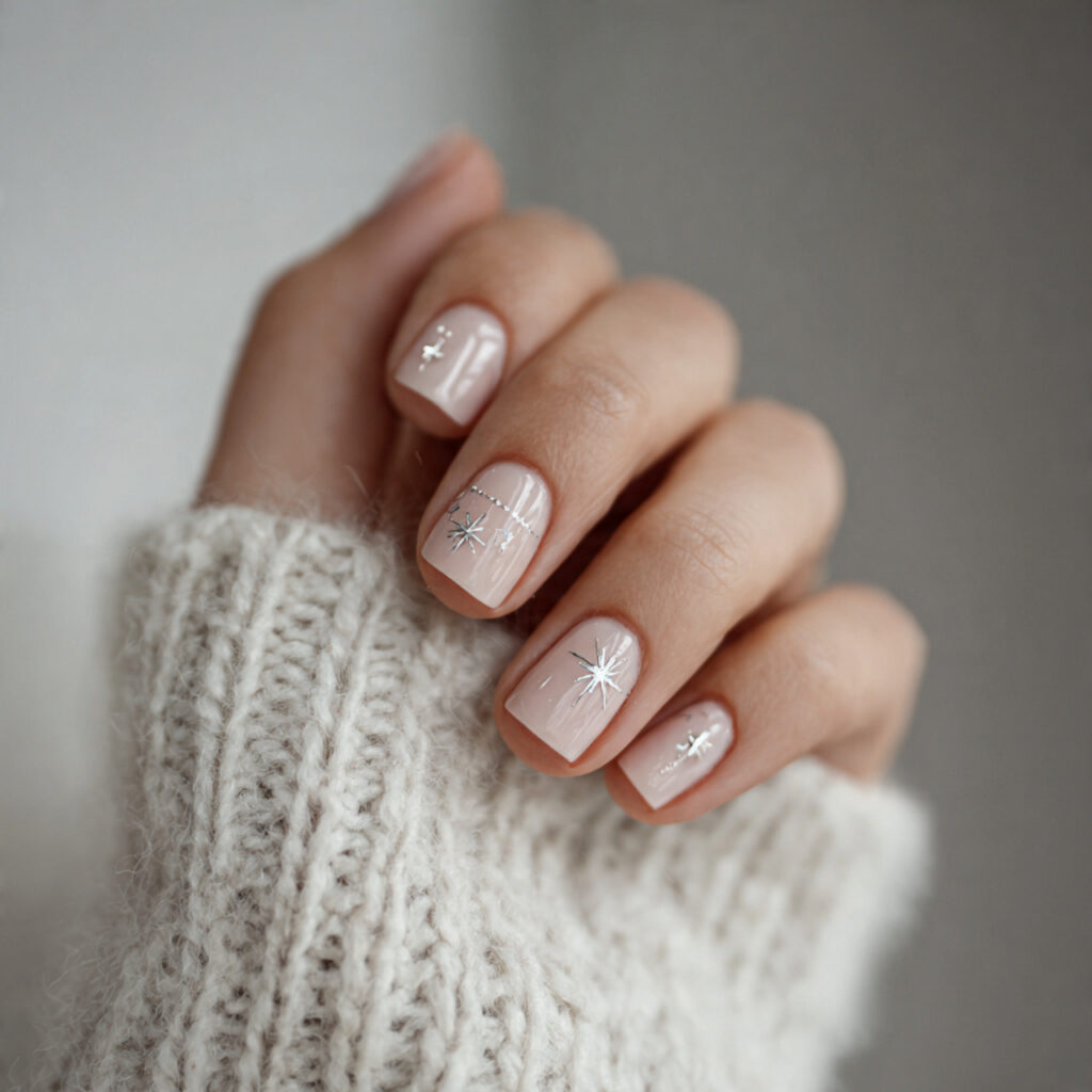 soft white short nails with delicate silver