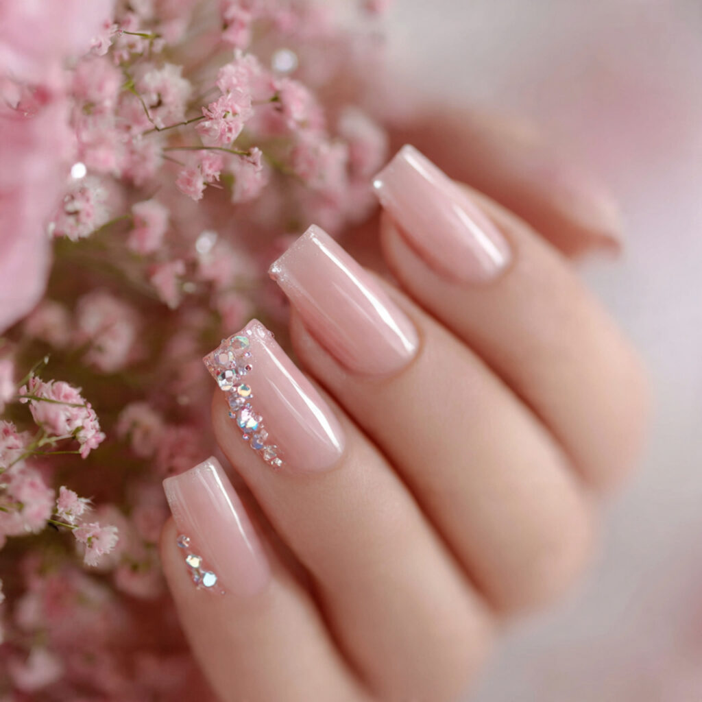 translucent blush pink nails enhanced with clear diamond