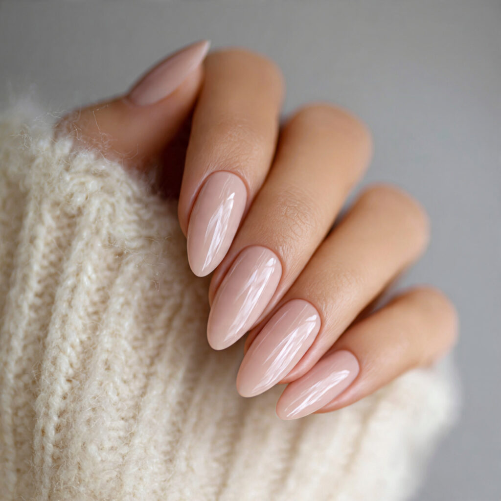translucent neutral nails medium length almond nails glossy