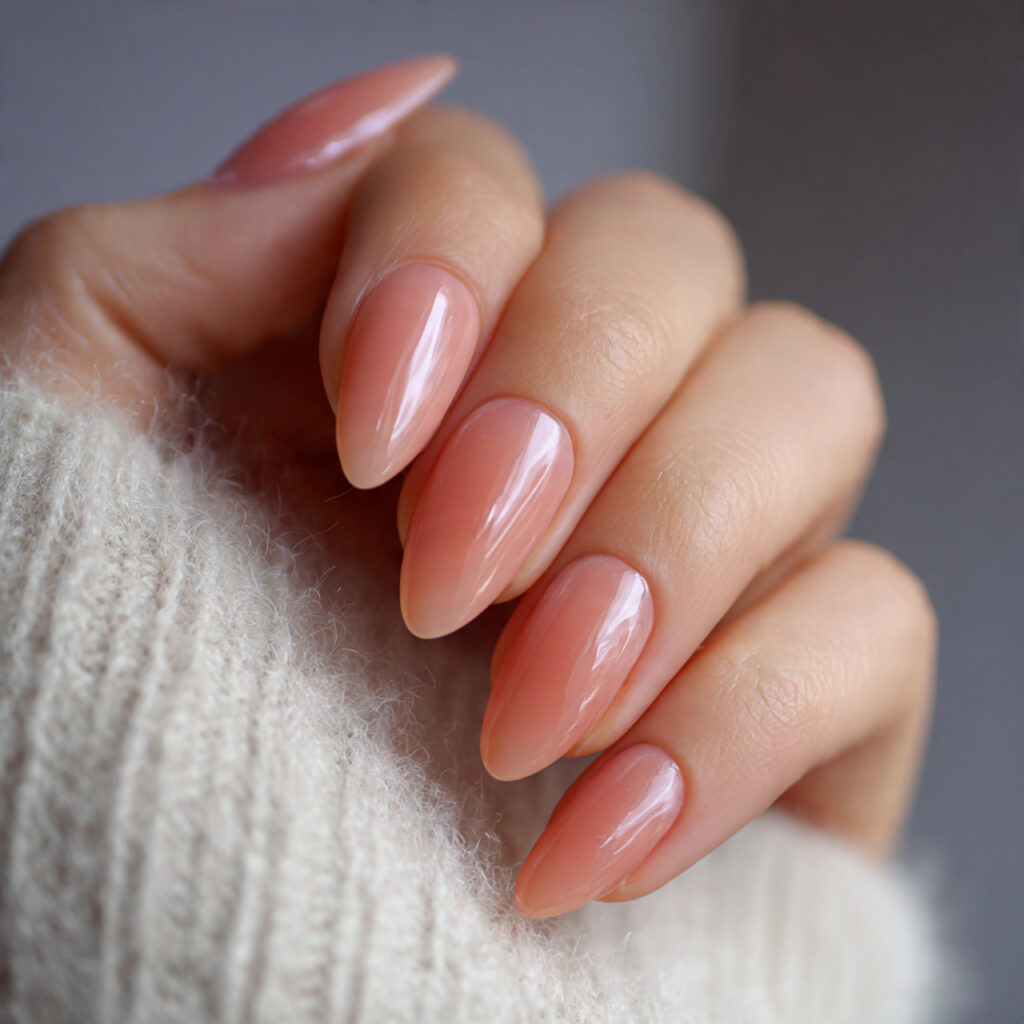 translucent peach nails medium length almond nails glossy