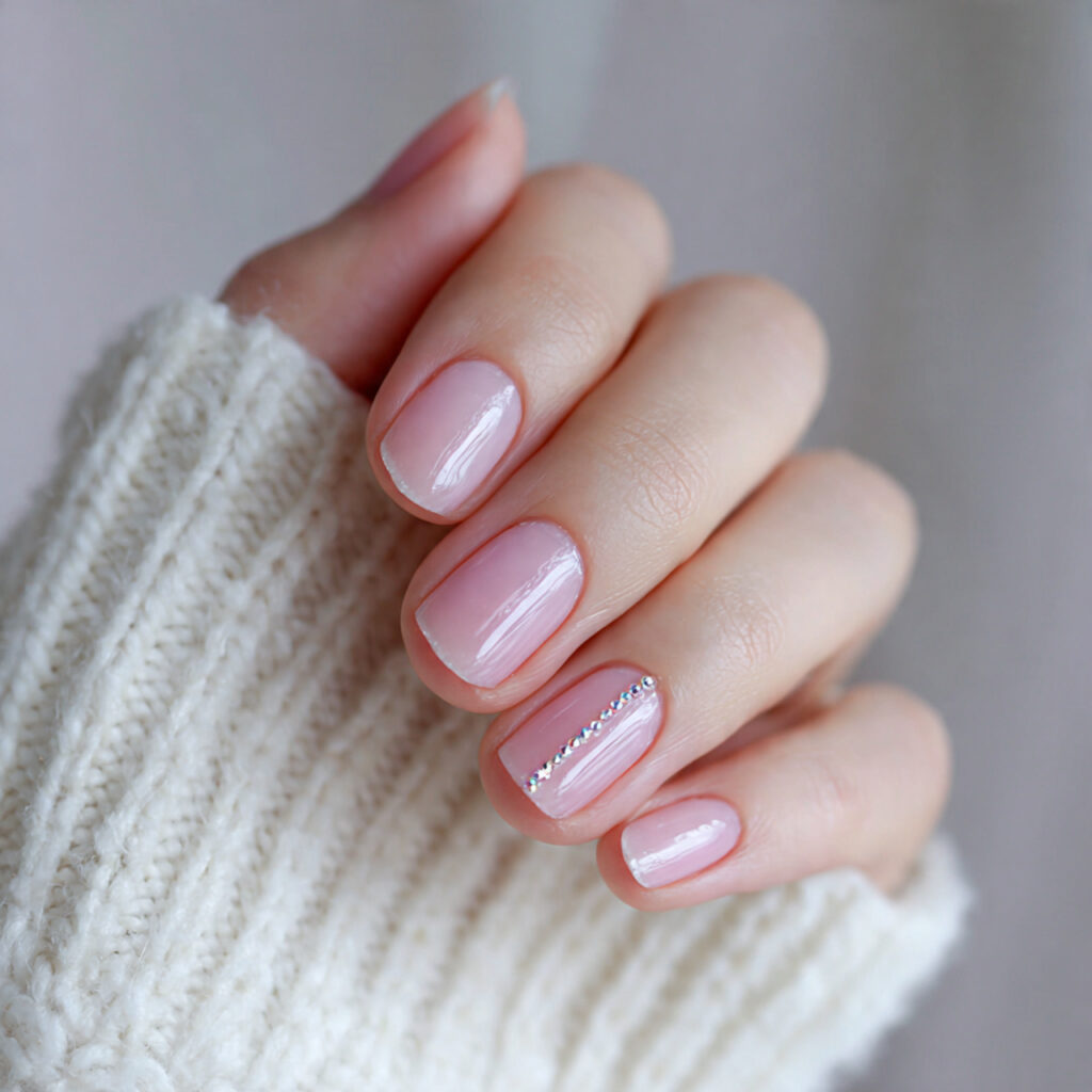 transparent pink nails with a single vertical