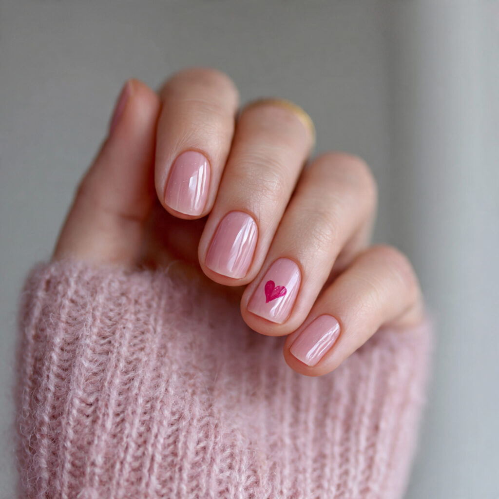 transparent pink nails with one tiny hand painted