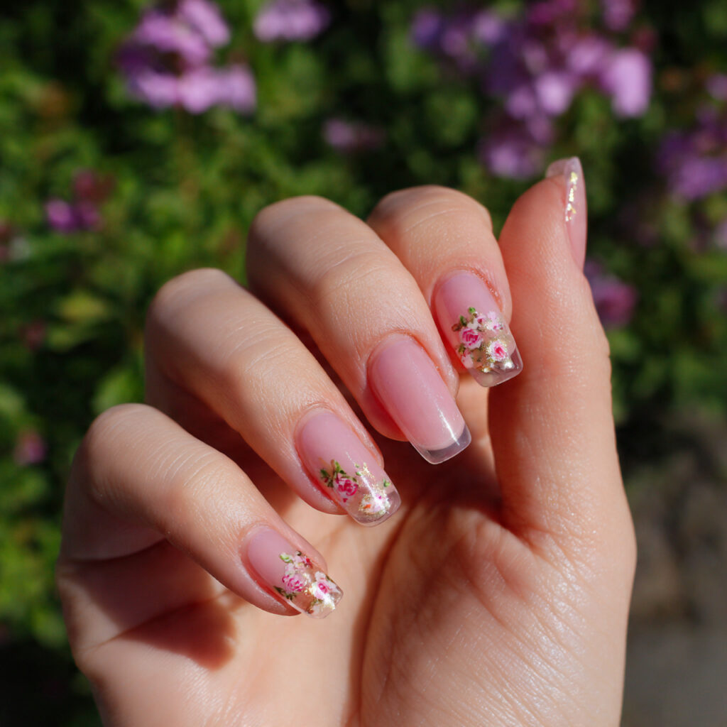transparent pink nails with tiny hand painted floral