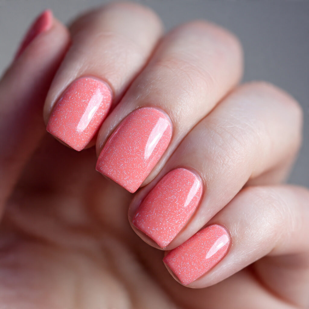 valentine nails using coral pink polish with