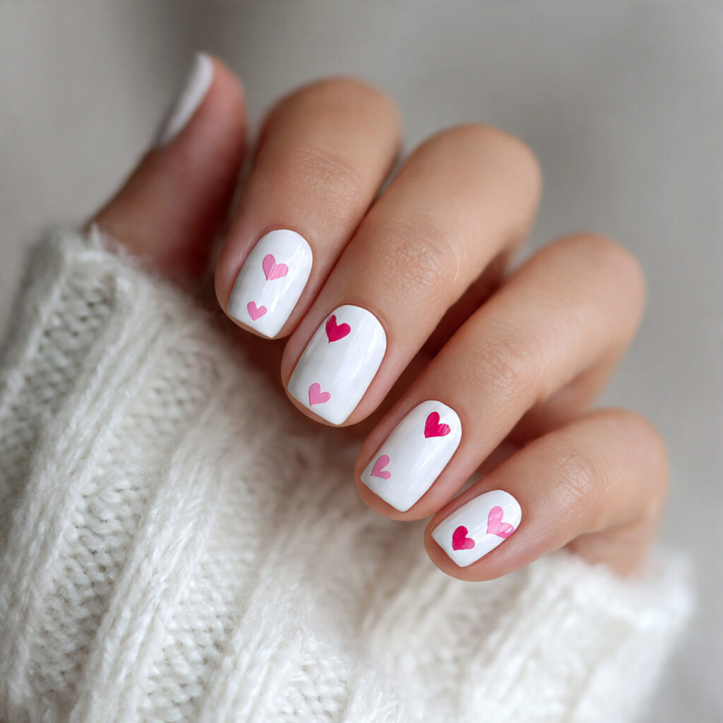 valentine nails with a white base and