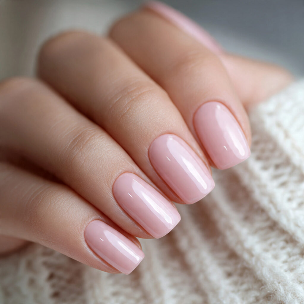 very pale pink nails with glass like high gloss sh