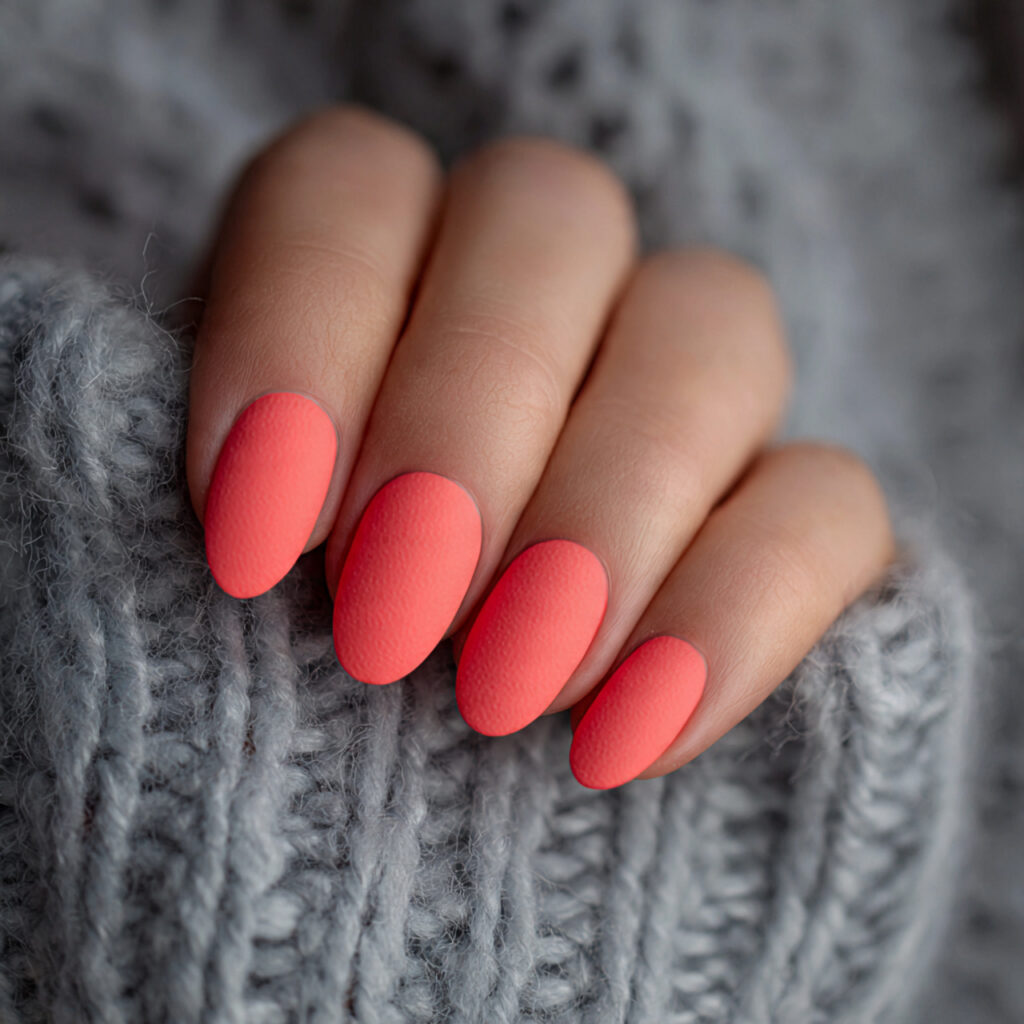 vibrant coral manicure with a matte topcoat