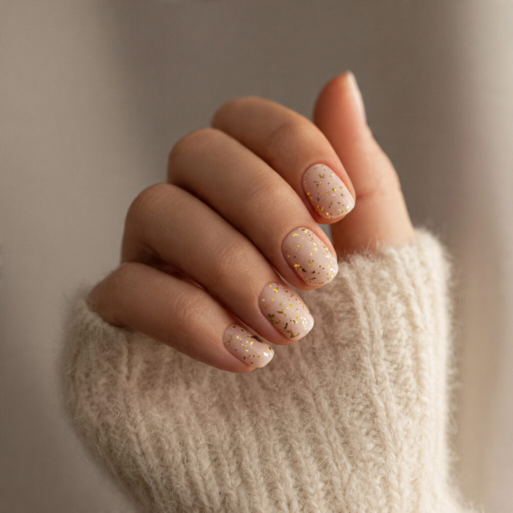 warm beige short nails with scattered gold