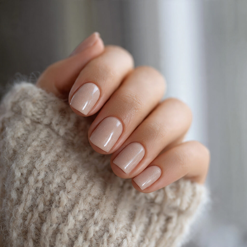warm beige short nails with subtle shimmer