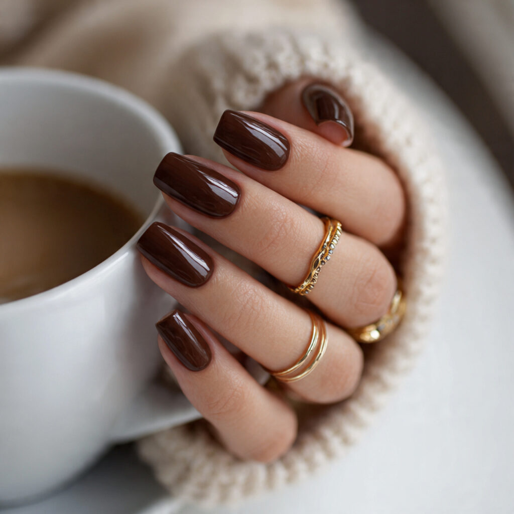 warm mocha brown nails with ultra glossy finish