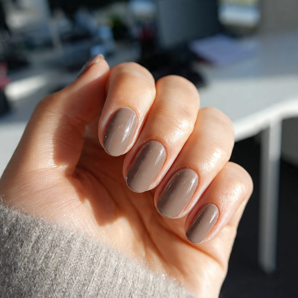 25 Office Nail Ideas That Look Professional, Clean, and Effortlessly Stylish 9 warm taupe office nails short rounded shape