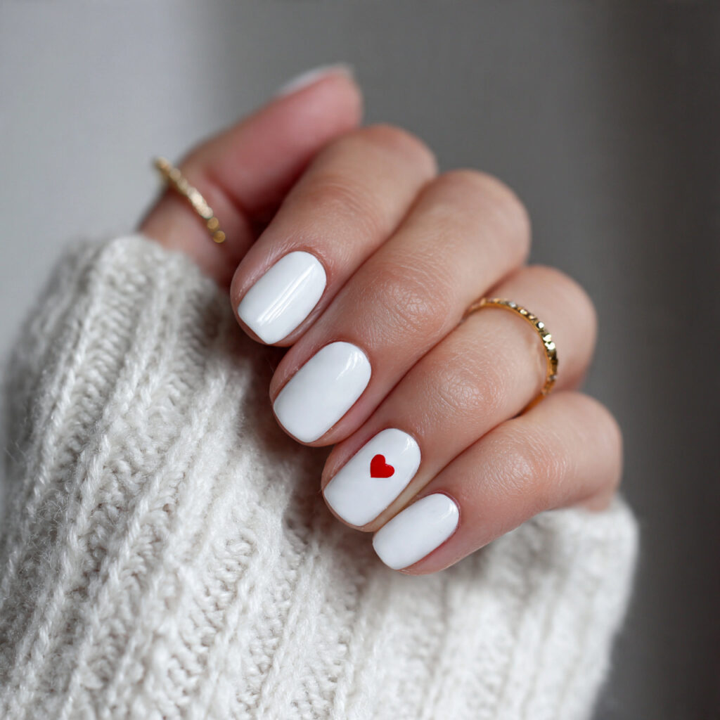 white nails with one small red heart