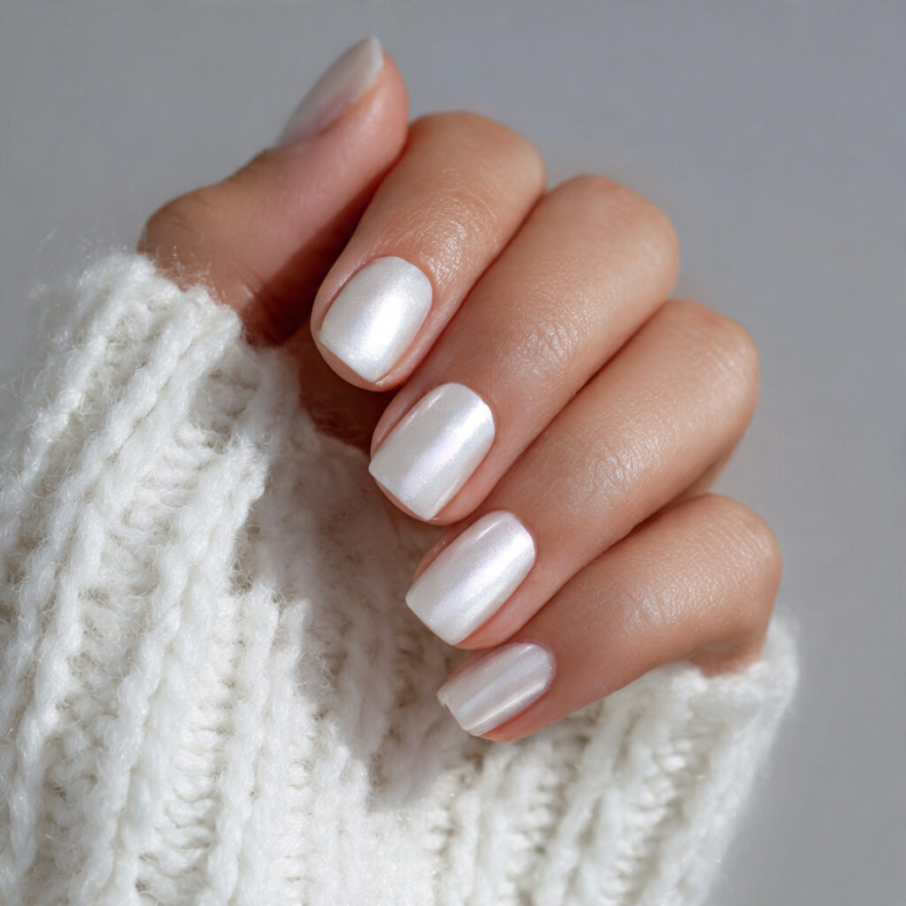 21 Simple Classy Nails 2026 That Look Clean and Elegant 14 white nails with pearlescent finish that softly